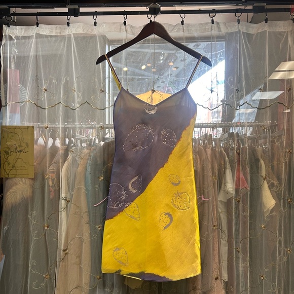 AREA Dresses & Skirts - area blue yellow bedazzled strawberry mini dress beaded straps